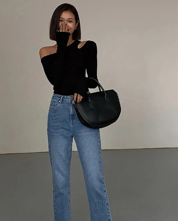 تي شيرت موضة انحراف طوق خارج الكتف طويلة الأكمام تي شيرت المرأة ربيع جديد الصلبة سليم صالح المحاصيل الأعلى مثير الجوف خارج