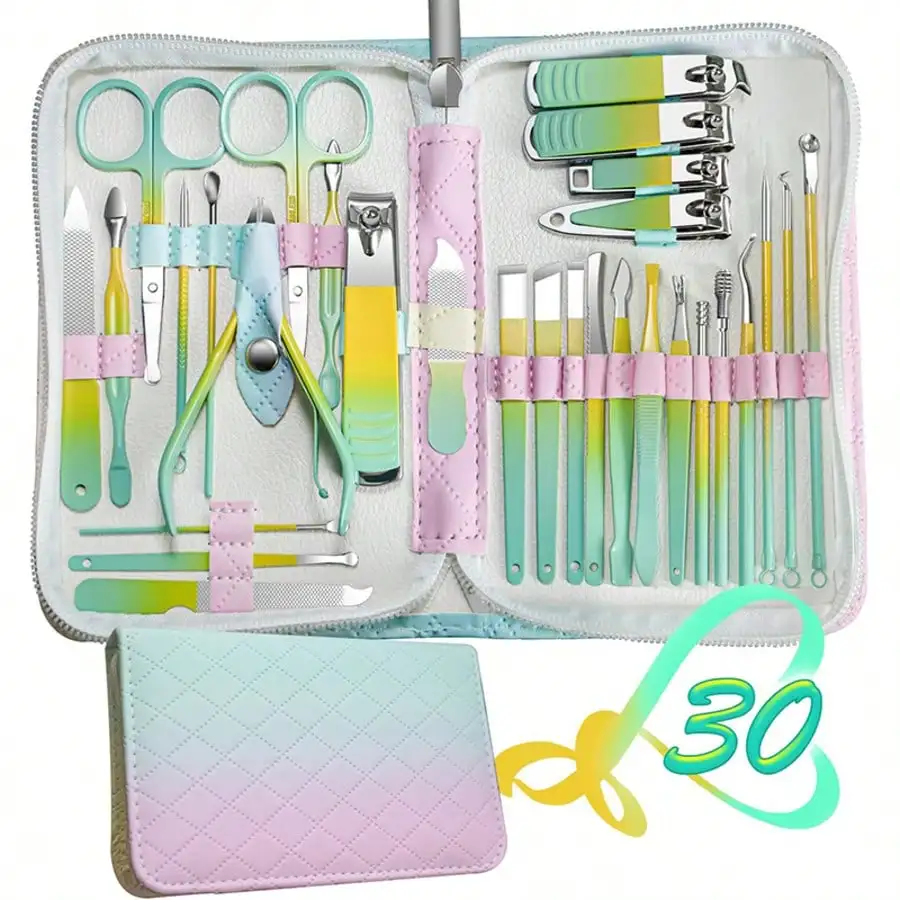 

30-In-1 Stainless Steel Manicure Set - Gradient Travel Case | Professional Nail/Foot Care Kit For Men & Women