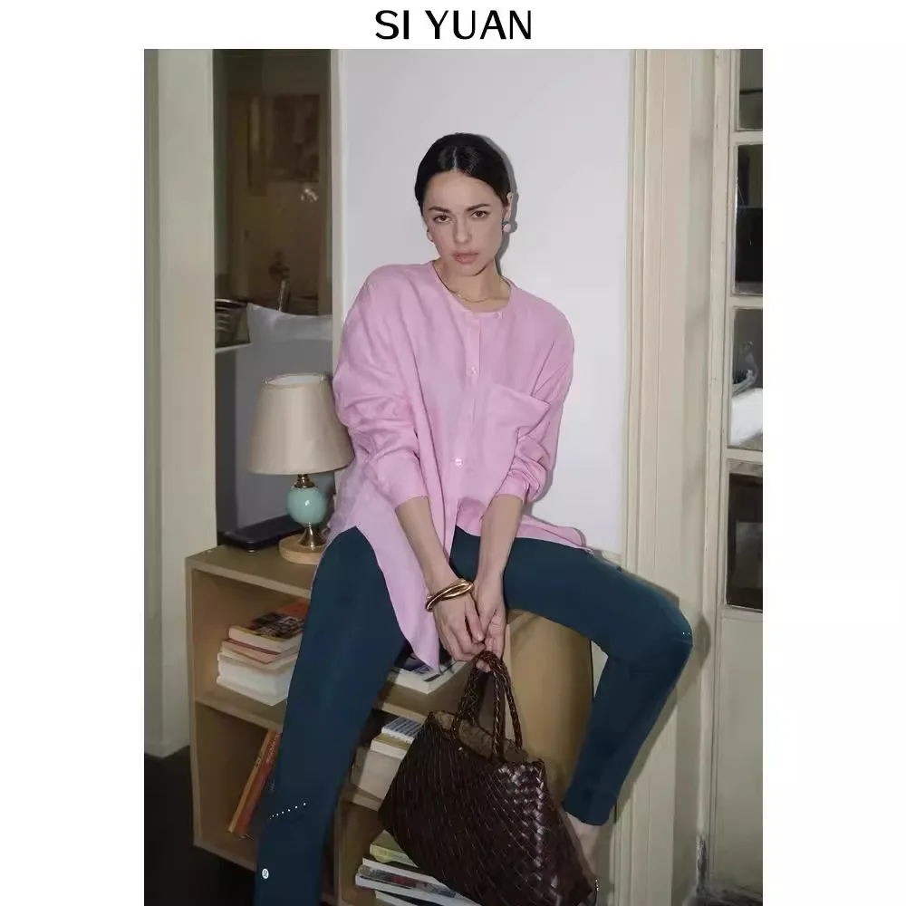 

2025 early spring French high-end simple round neck loose silhouette shirt linen shirt women's long-sleeved top