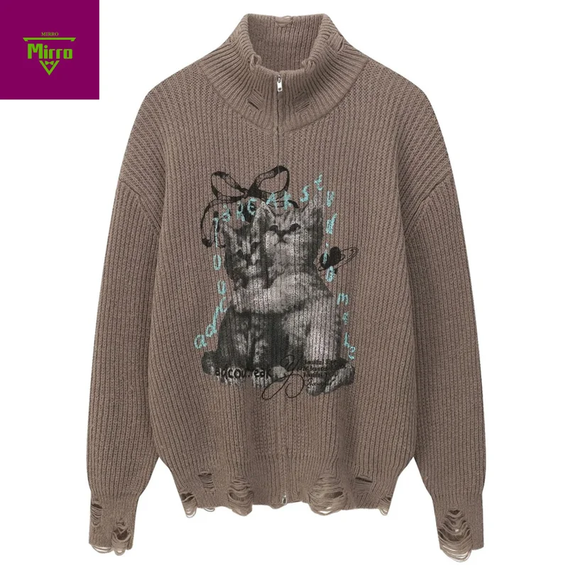 

Свитера с рисунком кота, мужские рваные вязаные кардиганы с высоким воротом, уличная одежда, Harajuku, хип-хоп, большие винтажные свитера, трикотаж Y2K