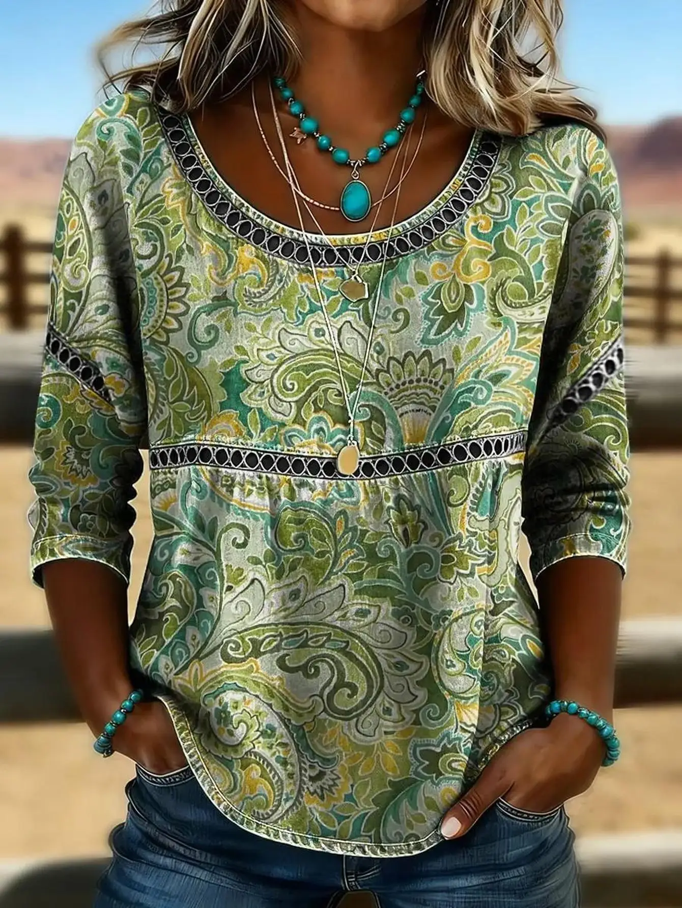 Women Plus Size Blouse 3D Paisley Print Long Sleeve Loose Fit Boho Tunic Top