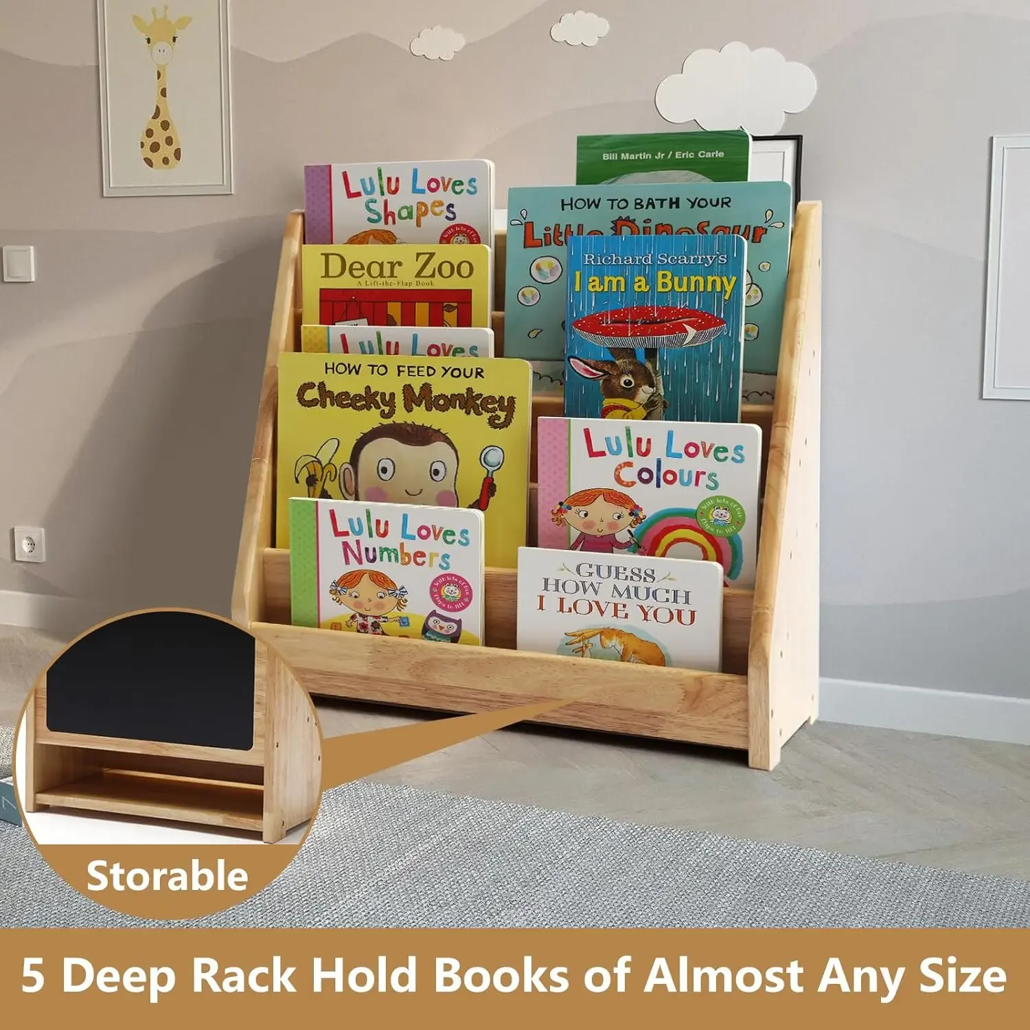 Bookshelf for Toddler 1-5 Years, Kids Wooden 5-Tier Front Facing Book Display Shelf with Chalkboard for Bedroom,Playr