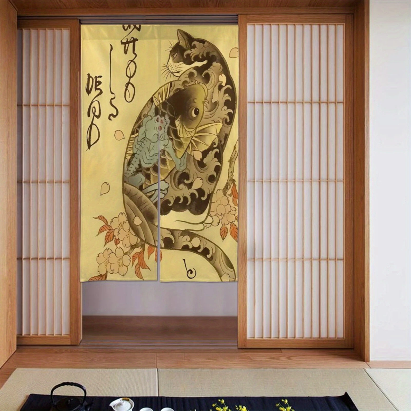 VIKAMA Traditional Art Cat and Koi Fish Room Divider Curtain Japanese Style Half Door Curtain, Noren Curtain for Kitchen