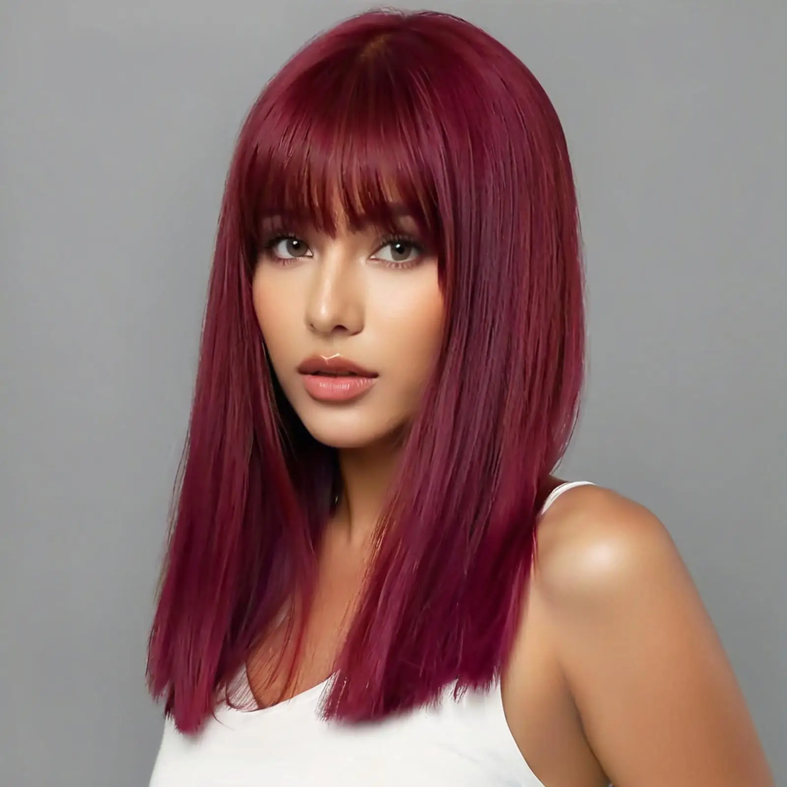 Wine Red Long Straight Synthetic Wig for Women with Royal Sister Qi Bangs High-Quality Chemical Fiber Fashionable Hair
