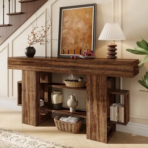 63 Inches Entryway Table, Wooden Console Table with Storage, Narrow Sofa Table Behind Couch, Farmhouse Long Entry