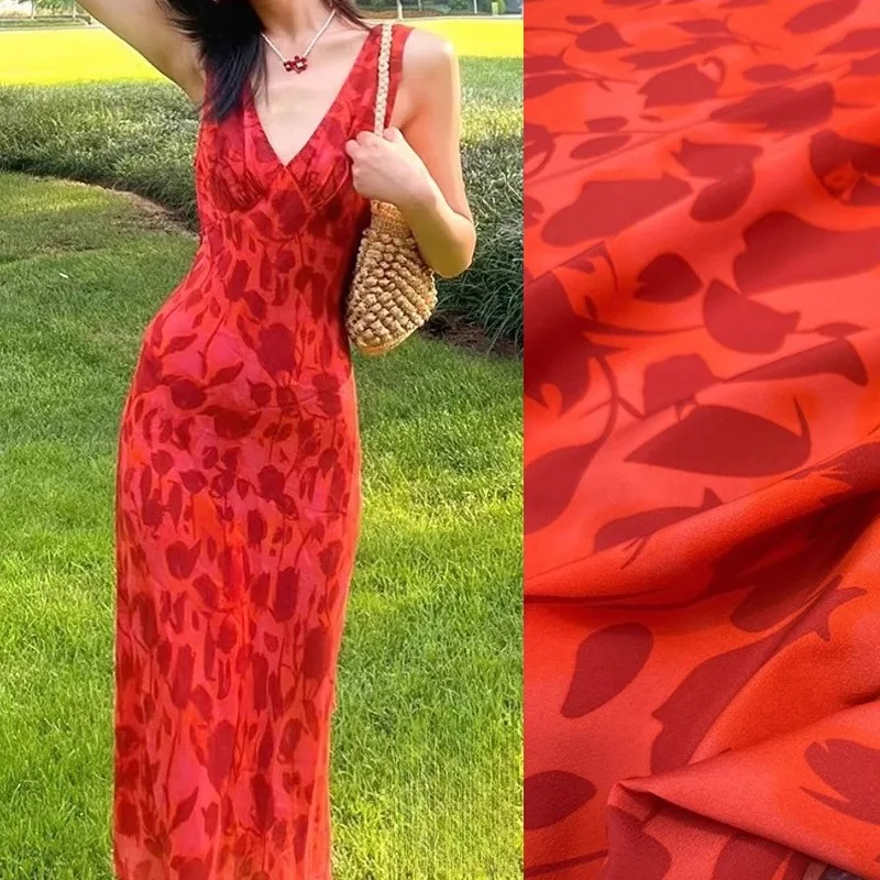 

Мягкая тонкая шелковая ткань крепдешин с силуэтом красной розы, эластичная шелковая ткань для шитья своими руками, летнее платье, брюки, пижамы R2587