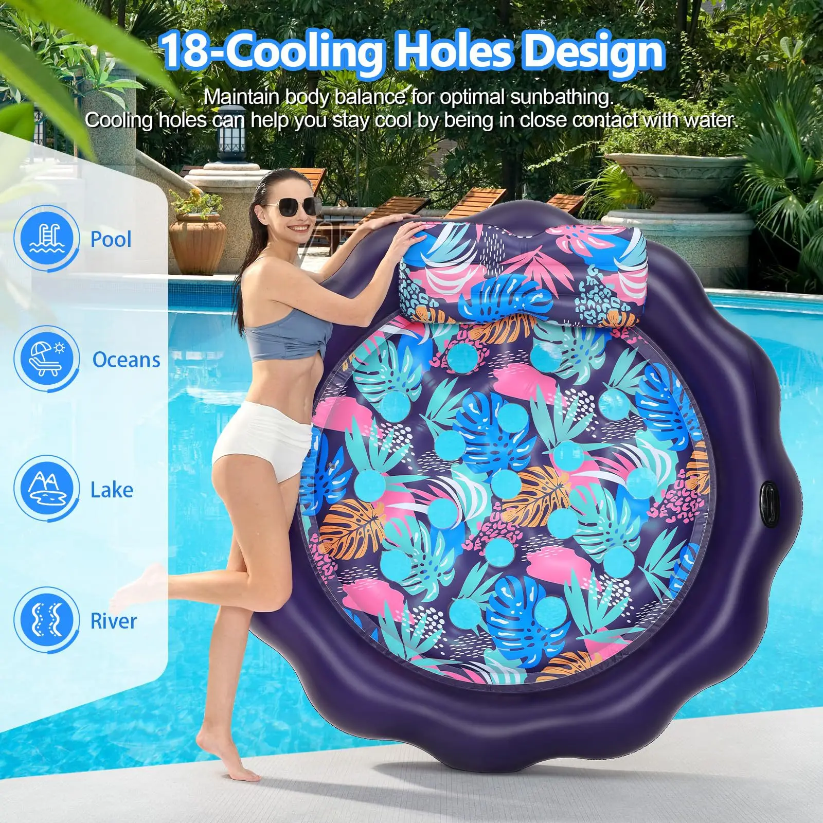 Nouveau lit flottant double gonflable à eau, prise extérieure, feuille d'érable noire, lit d'eau rond pour deux personnes, inclinable flottant