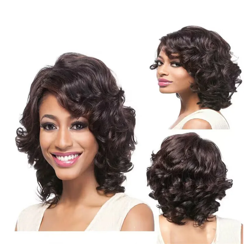 

Fashionable women's short curly hair brown wig headband slanted bangs picked and dyed with high-temperature silk