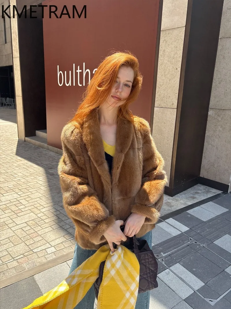 KMETRAM Real Mink Fur Coat Women 2026 New Loose Soft Lapel Mid-length Luxury Warm Fur Overcoat Winter Jacket Women Шуба Женская