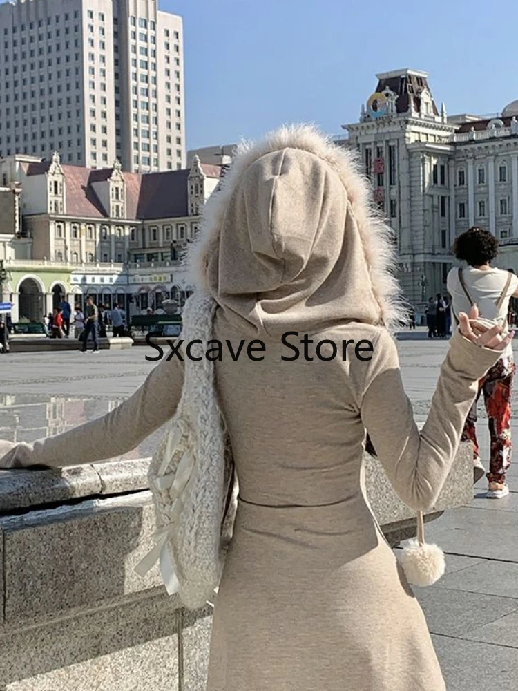 2023 Autumn Elegant Knitted Short Party Dress Women Casual Long Sleeve Sweet Bodycon Y2k Mini Dress Hooded Faux Fur Korean Chic