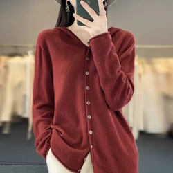 Fall/Winter 2024 New 100% Merino Sweater Women's Hooded Cardigan Loose Sweater Long Sleeve Button Knitted Sweater Jacket