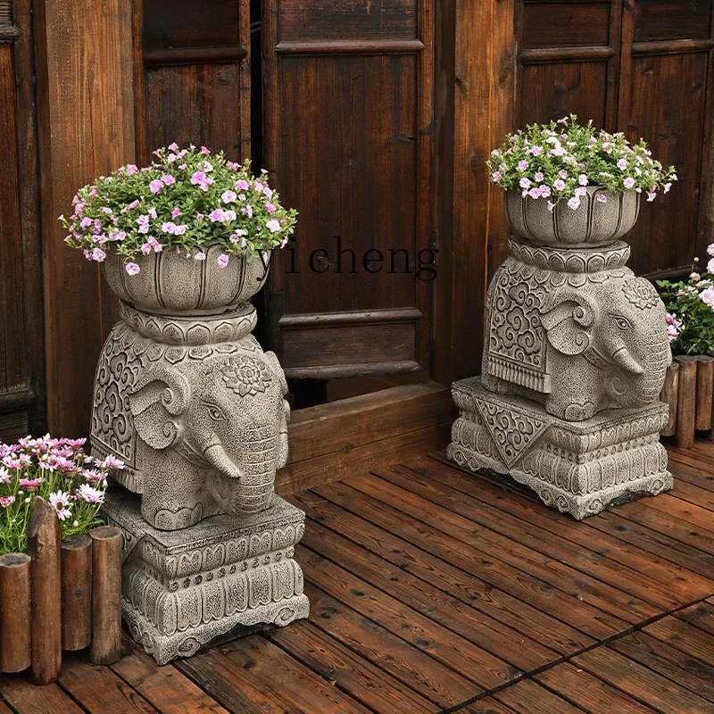 BJ-21 outdoor pier ornament courtyard garden arrangement decorative landscaping elephant solid wood flower stand flower pot base