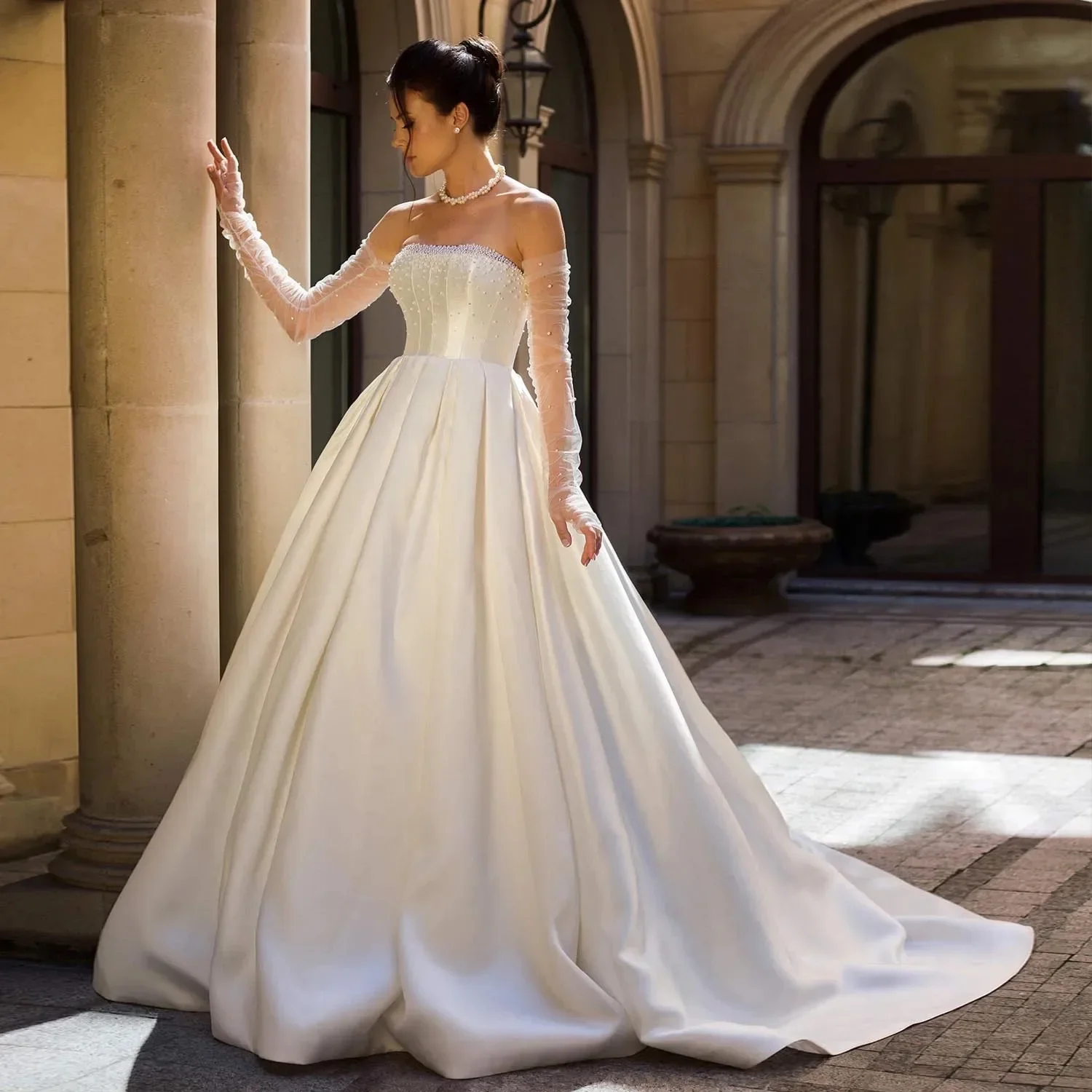 

Customzied Luxury Off the Shoulder Satin Wedding Dresses with Detachable sleeves Pearls Bodice Vestidos De Novia Bridal Gowns