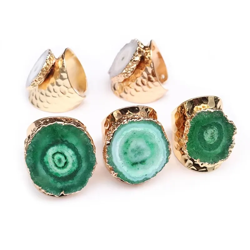 Irregular Sunflower Natural Stone Crystal  Agate Wide Open Ring for Women Gold Plated Boho Resizable Finger Jewelry