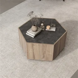 Hexagonal Rural Style Garden Retro Living Room Coffee Table with 2 drawers, Textured Black + Warm Oak