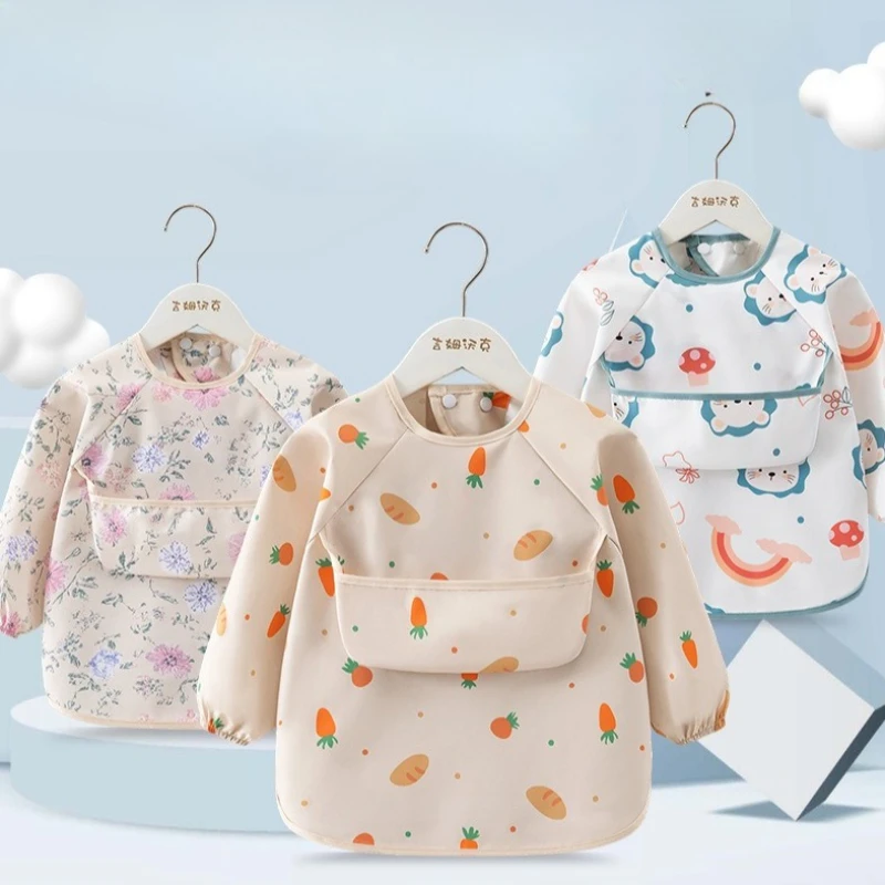 1PC Child Feeding Bib Waterproof Long Sleeve Apron Rice Pocket Feeding Blouse Toddler Bibs Children's Summer Thin Feeding Smock