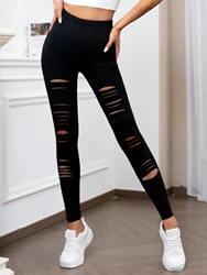 Europe And The United States New High-waisted Leggings Personality Ripped Stretch Nine Pants Solid Color Tight Leggings Women