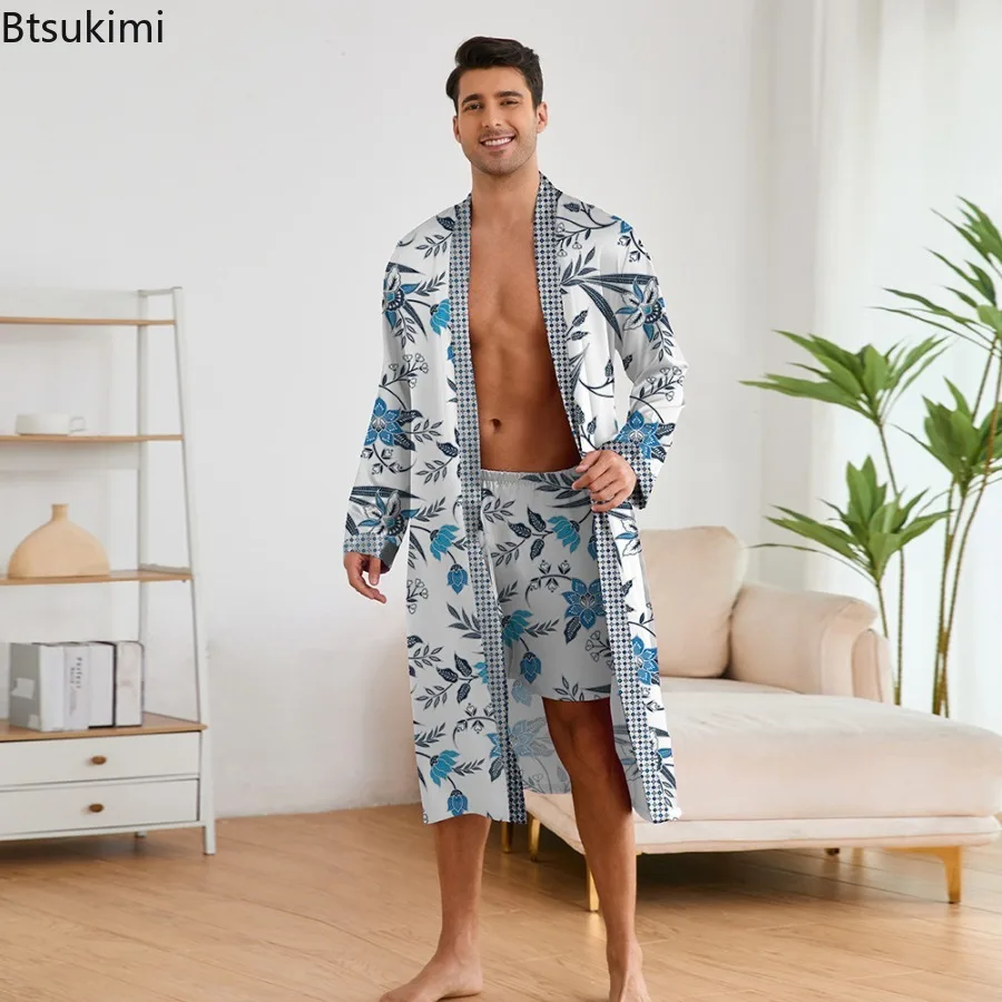 جديد الرجال طباعة رداء مجموعات ملابس خاصة كيمونو البشكير السراويل 2 قطعة مجموعات الصيف Homewear رداء طويل منامة الدانتيل يصل ثوب النوم الذكور #3