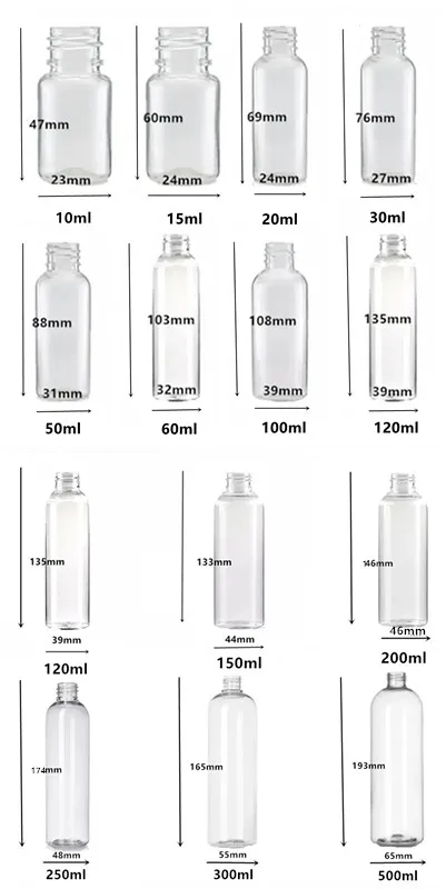 30 ml, 50/60 ml, 120 ml, 150 ml, 200 ml, 250 ml, 300 ml, 500 ml, leere runde Dosierkappen, Plastikflasche, klare PET-Flasche mit Scheibenverschluss