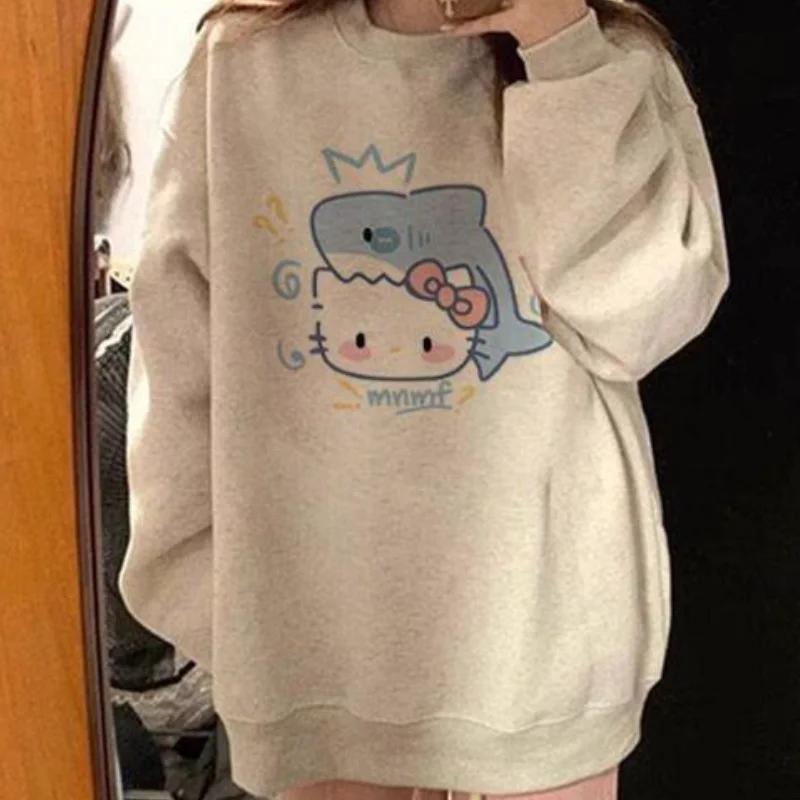 

Толстовка Sanrio Hello Kitty для девочек с круглым вырезом, весенне-осенняя, с мультяшным принтом, свободная повседневная кофта для студентов, женский пуловер Kawaii Kit