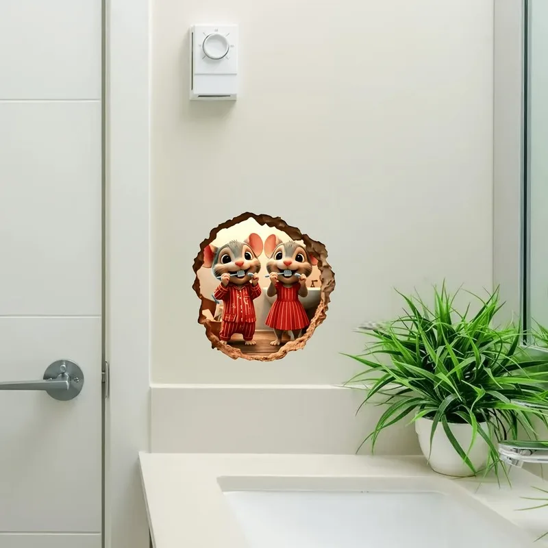 VIKAMA Two Mice Pajamas Brushing Teeth Wall Sticker Funny Xmas Bathroom Self-Adhesive Decor for Living Room Bedroom Dorm