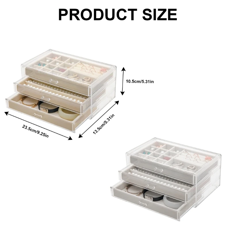 Suporte joias acrílico transparente com 3 gavetas, bandeja exibição acessórios, caixa transparente para organizar