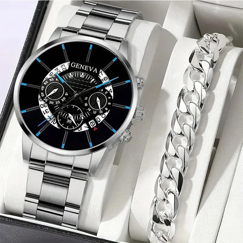 

2 шт. роскошные мужские серебряные кварцевые часы с браслетом из нержавеющей стали мужские модные деловые повседневные часы светящиеся часы