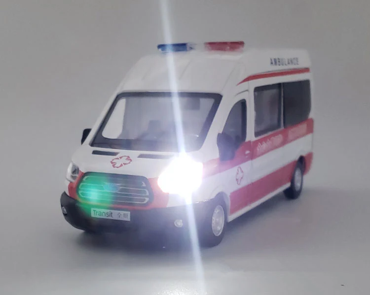 1:34 FORD Transit Alloy Ambulance Vehicles Car Model Diecast Metal Toy Broadcast Car Model Simulation Sound and Light Kids Gifts