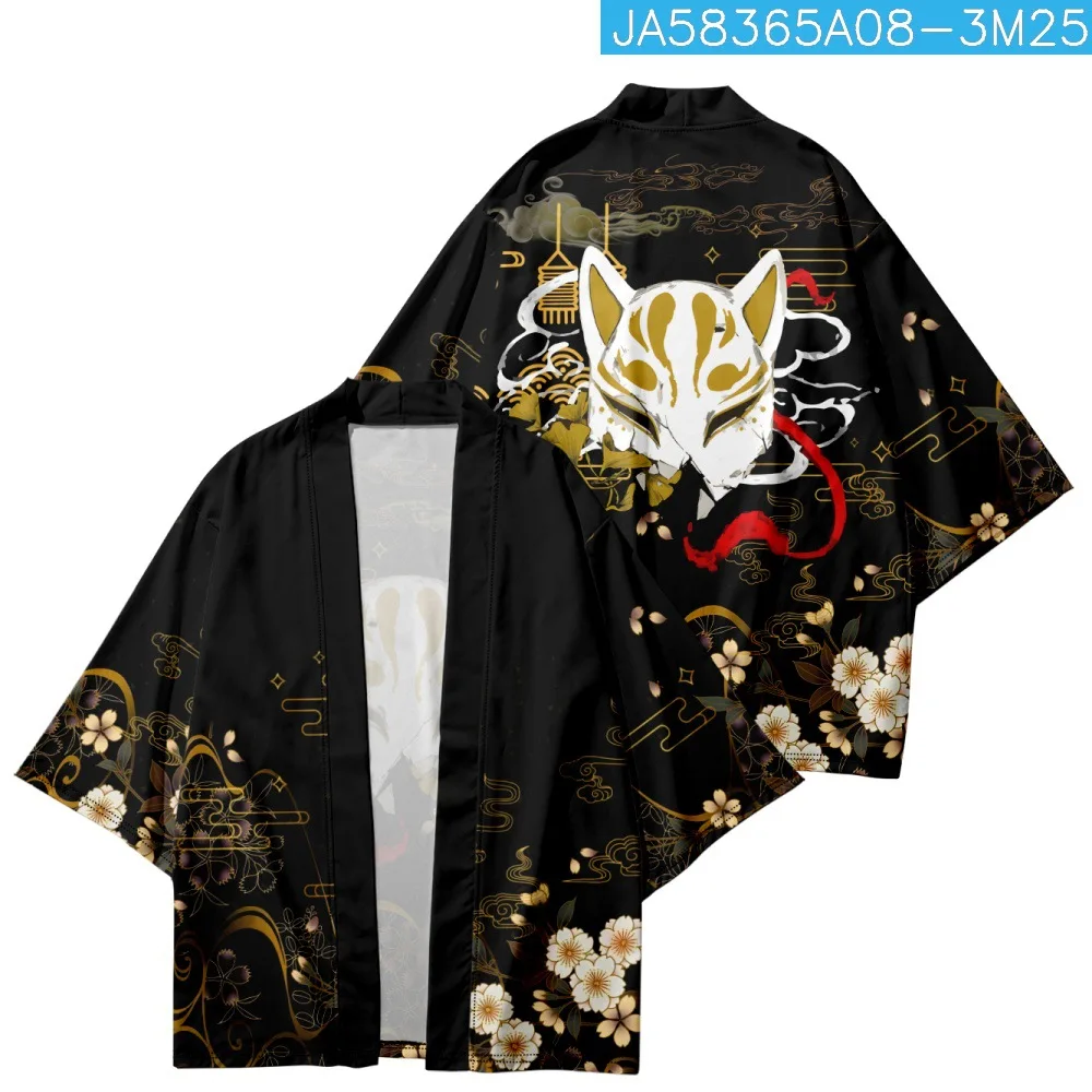 

Casual Men's Hip Hop Kimono Summer Harajuku Black Fox Print Streetwear Fashion Clothing