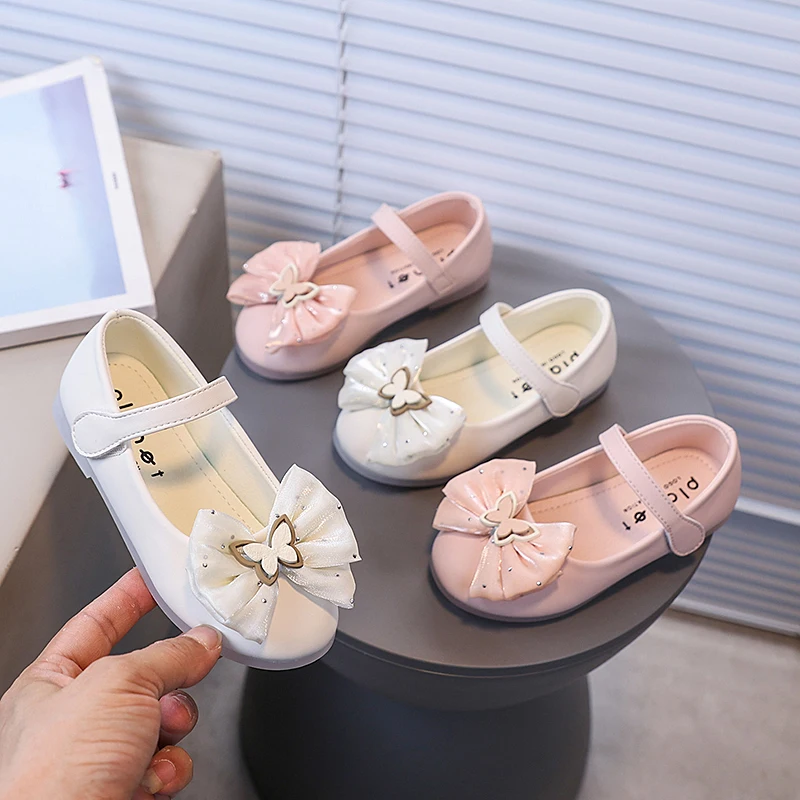 

Kids Leather Shoes Sweet Butterfly Elegant for Girls Princess Shoes Lace Bows 2025 Autumn New Children Flat Shoes Soft Versatile
