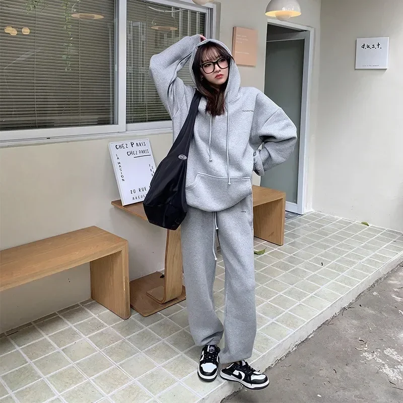 New Women Tracksuit Hoodies Casual Long Sleeve Fleece Warm Hooded Sportswear Suit Hoody Pullovers Long Pant Y2k Two Pieces Sets