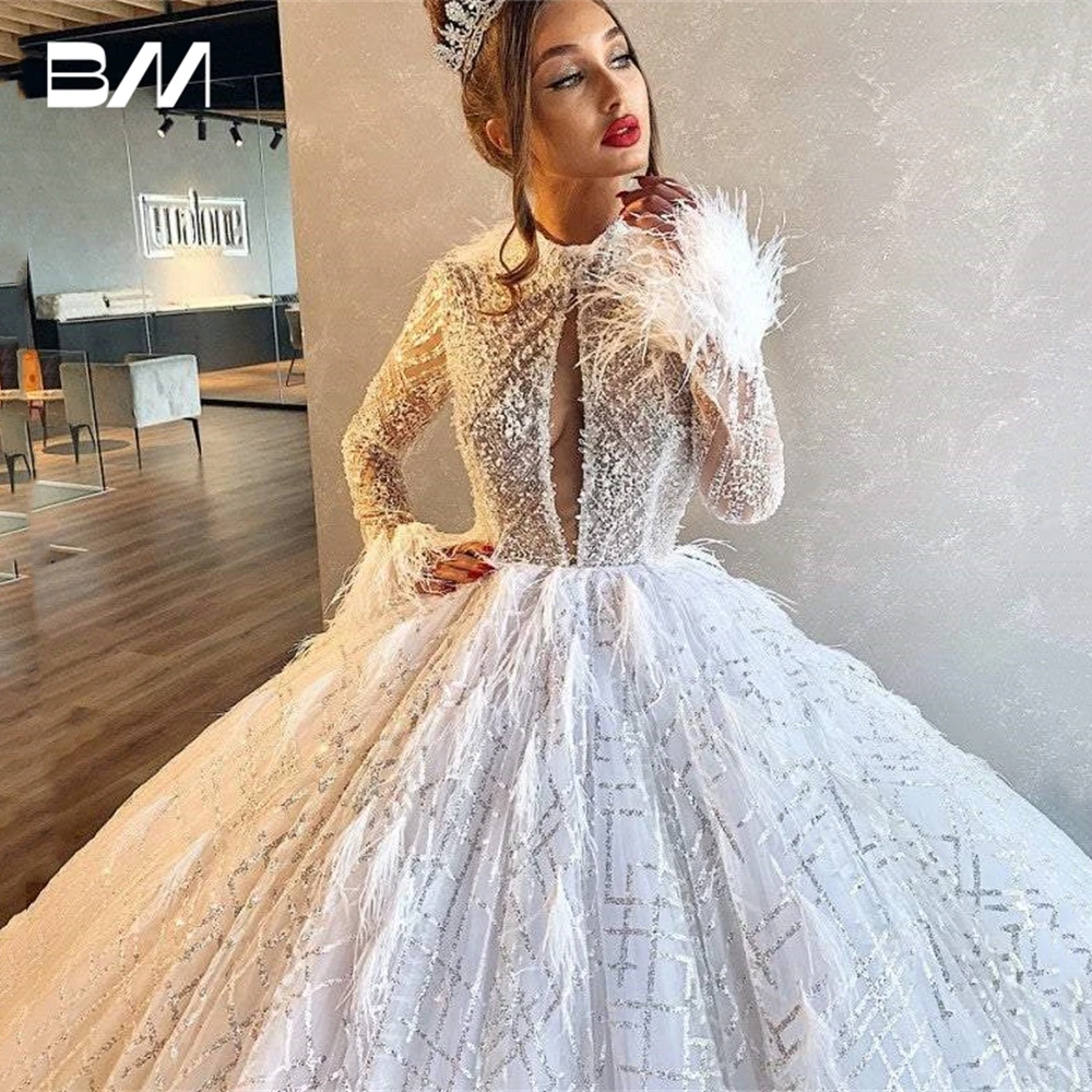 

Luxury Sequined Wedding Dress Long Sleeves High Heck Keyhole Ballgown Bride Dresses Robe De Mariee Royal Waist Bridal Gown