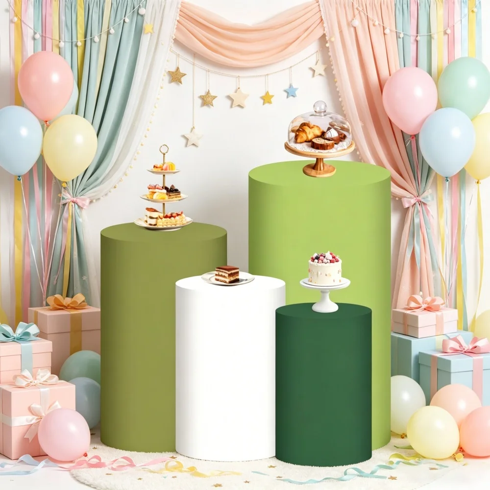 

Green Cylinder Covers Backdrop Wedding Baby Shower Kids Birthday Party Plinths Pedestal Elastic Covers Cloth Event Decoration