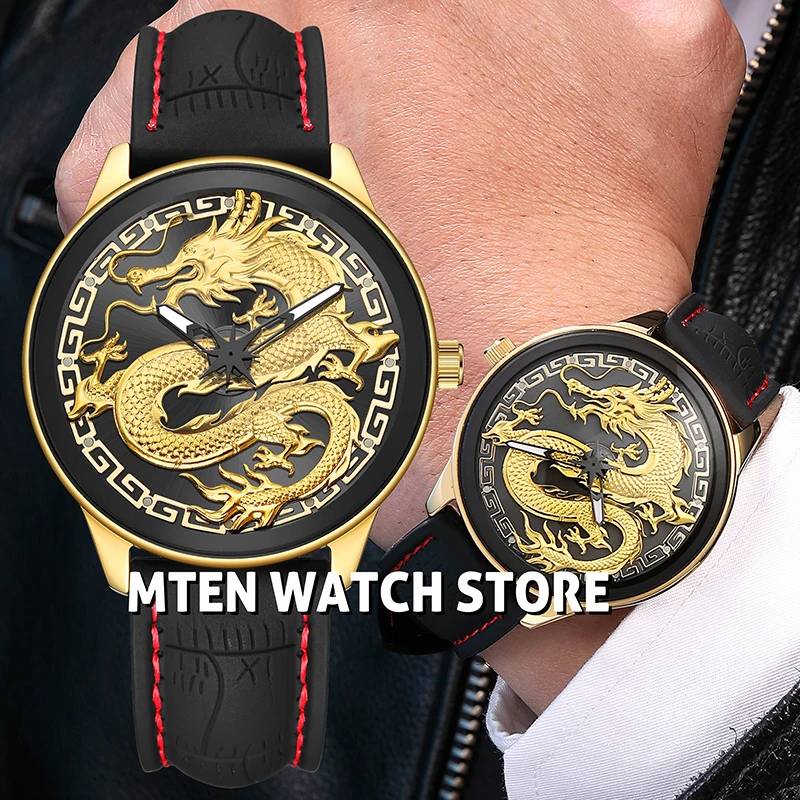 

Engraving Watch Dragon Dial Clock Quartz Wristwatch Black Gold Watches High Quality Reloj Hip Hop Man Hombre Relogio Masculino