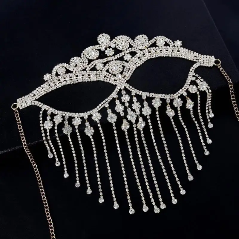 A52E Full Rhinestones Tassels Mask Chain Decoration Face Veil for Women Bridals Wedding Crystal Halloween Christmas Jewelry