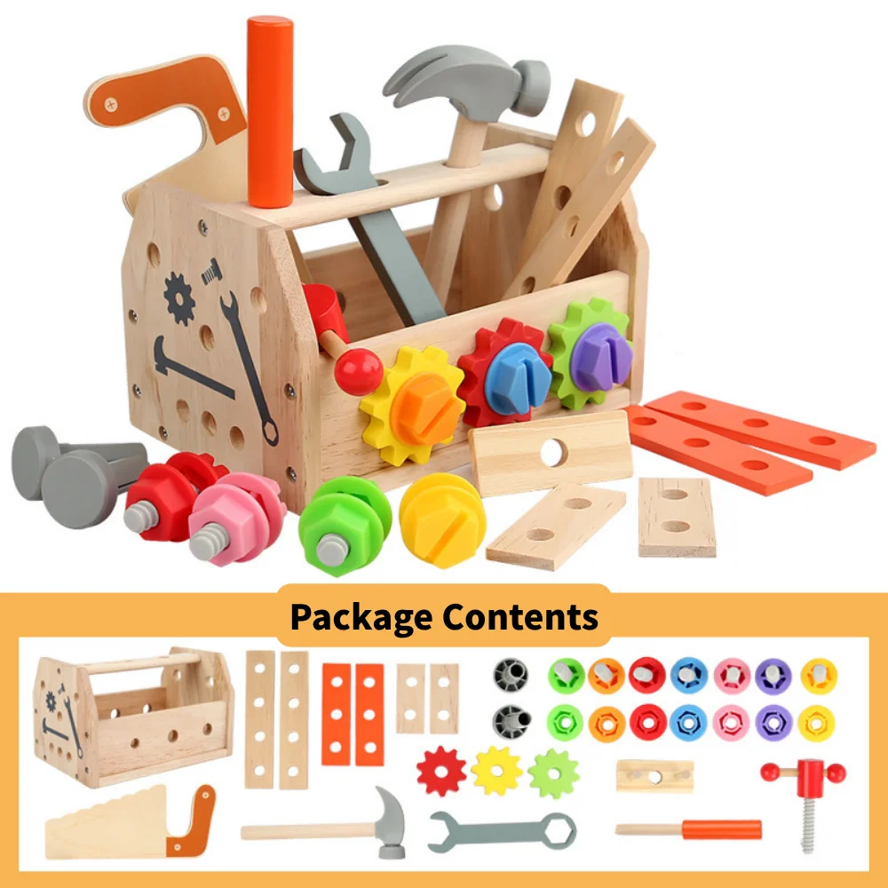 Wooden Kids Tool Set with Portable Toolbox Workbench Hammer Wrench and Screws Pretend Construction Toy Ages 3+