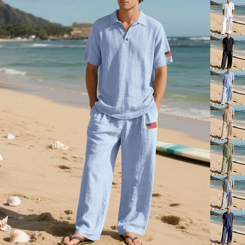 

Loose Men's Linen Beachwear Summer Casual Shirt And Pants Set Open Collar Wide Leg Long Trousers Independence Day Collection