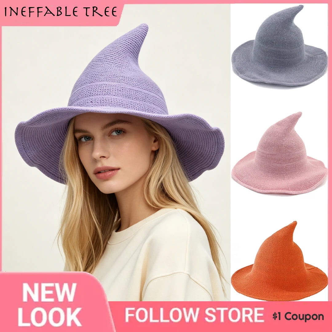 INS Halloween Vintage Knit Witch Hats for Women Men Dress Up Festival Party Masquerade Holiday Decoration Magical Cap Bob Homme