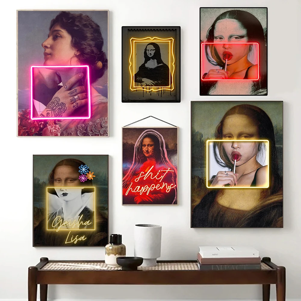 

Unique Mona Lisa Vintage Art Poster Print Modern Pop Art Neon Character Poster Print Living Room Wall Home Decoration No Light