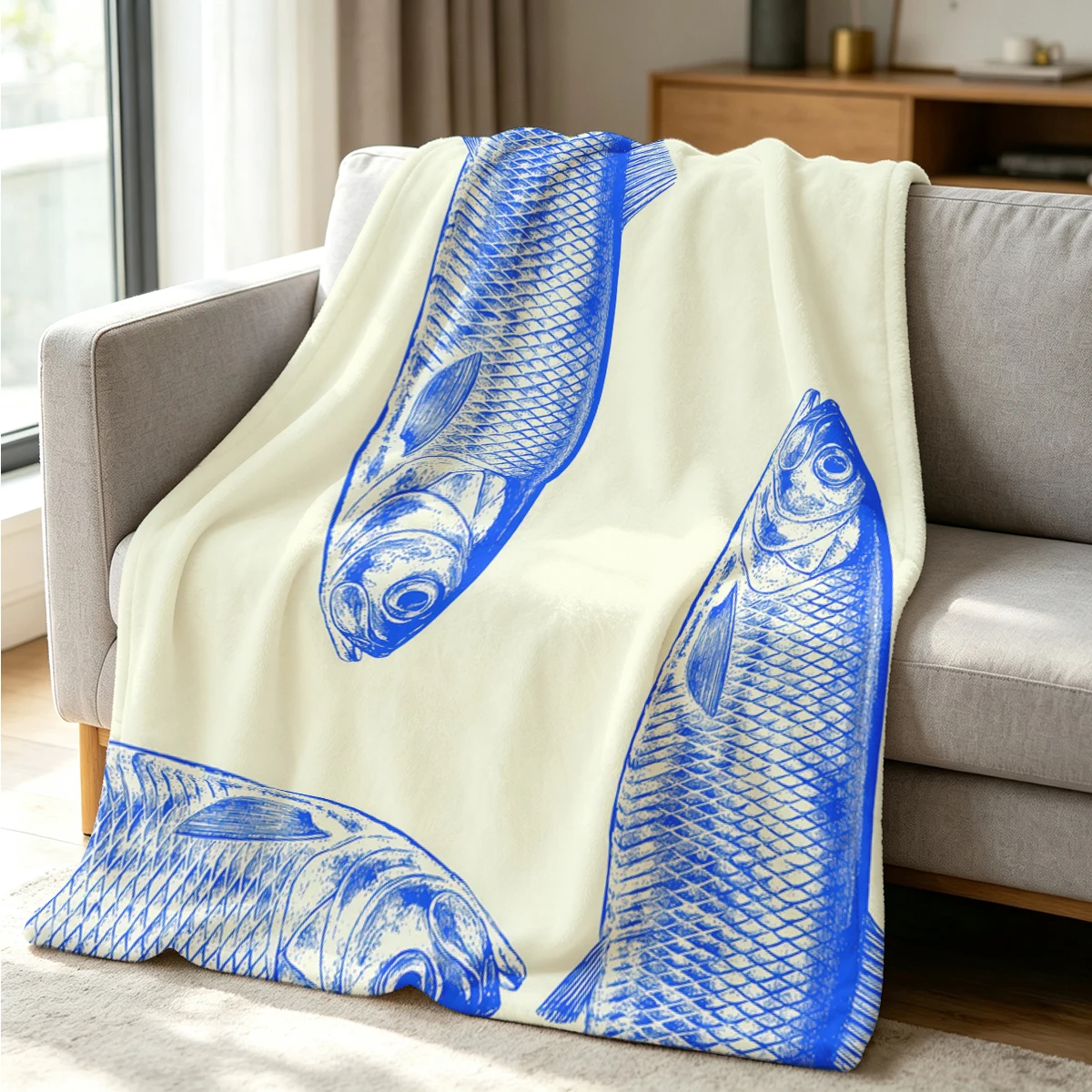 Blue Fish Flannel Blanket Warm Soft Halloween Christmas Couch Warm Cozy Decorative Decor Gift for All Season