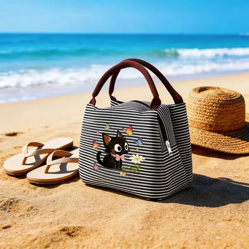 Cute Black Cat Butterfly Daisy Print Insulated Lunch Bag Portable Thermal Office Picnic Handbag Insulated Lunch Bag Bento
