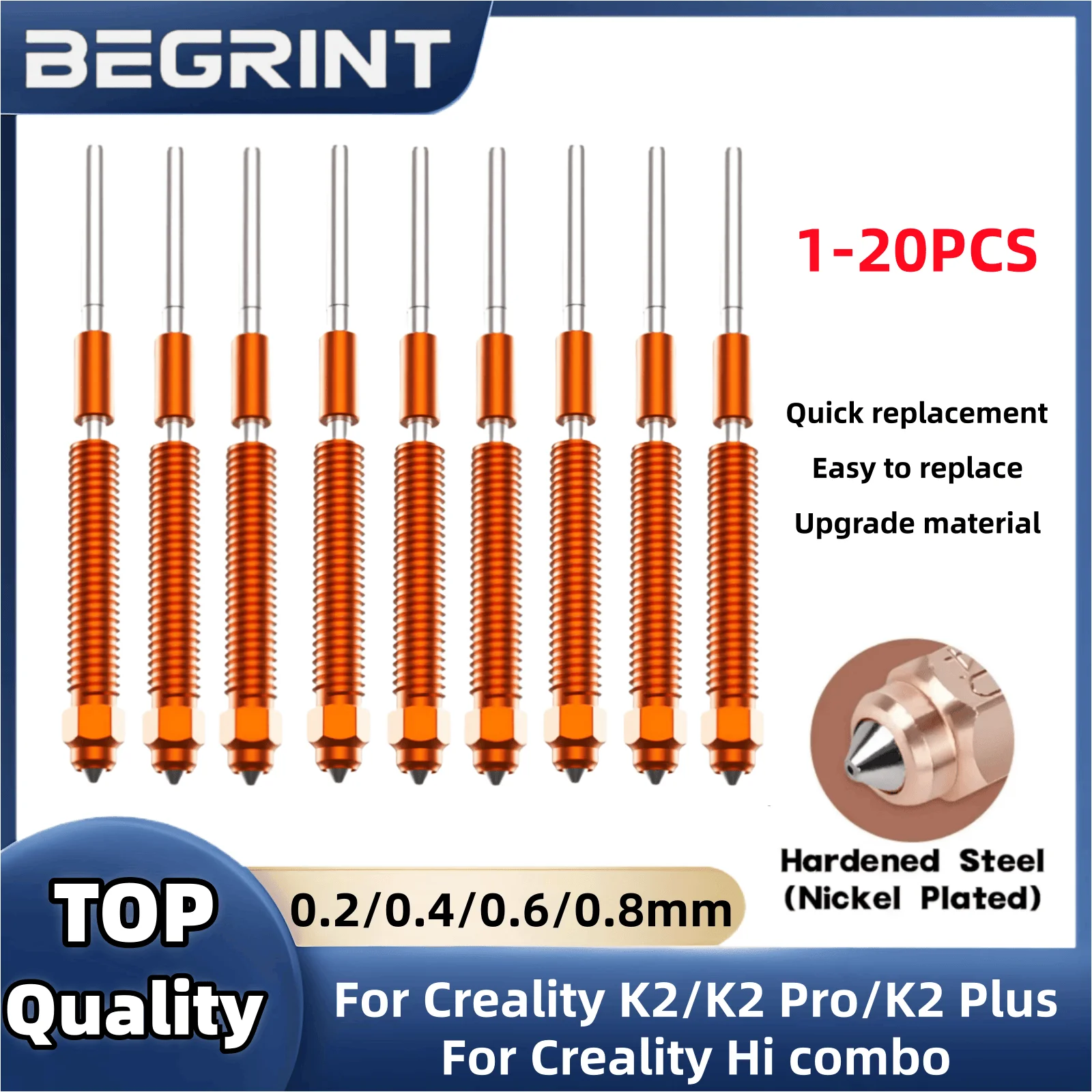 

Быстросменное сопло «Единорог» для Creality K2/K2 Pro/K2 Plus, 1-20 шт., 0,2/0,4/0,6/0,8 мм, сопло из закаленной стали для Creality Hi combo