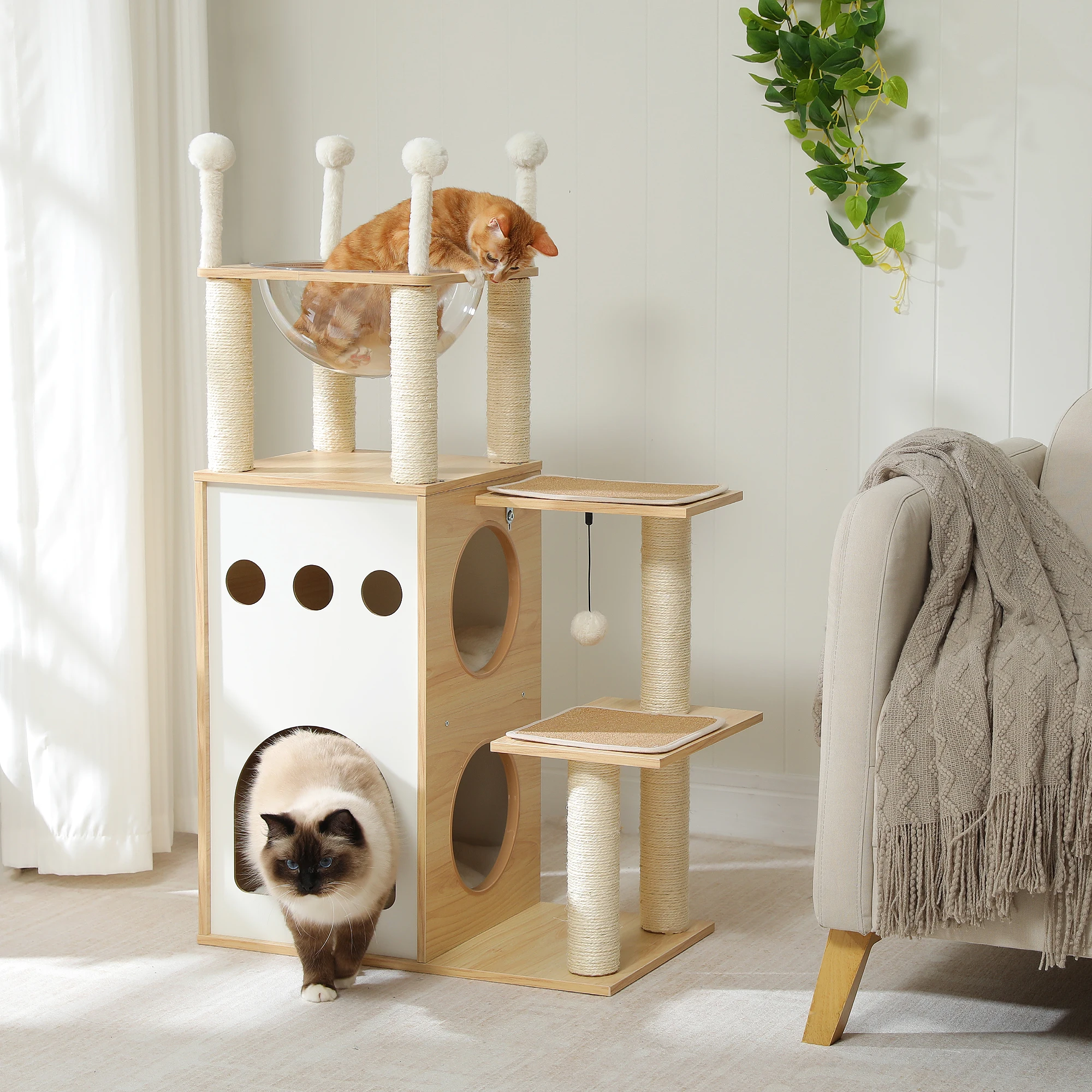 Modern Cat Tree Wooden Cat Tower with 2-Floor Condo Cat Furniture with Cat Scratching Posts Capsule Nest and Dangling Balls