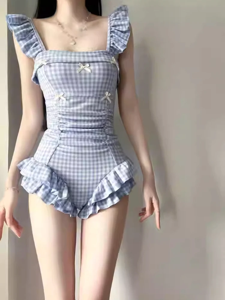 

Sweet Girl Sle Blue Plaid Swimsuit Women's Square Collar Slimming Waist Concealing Belly Flattering Fre