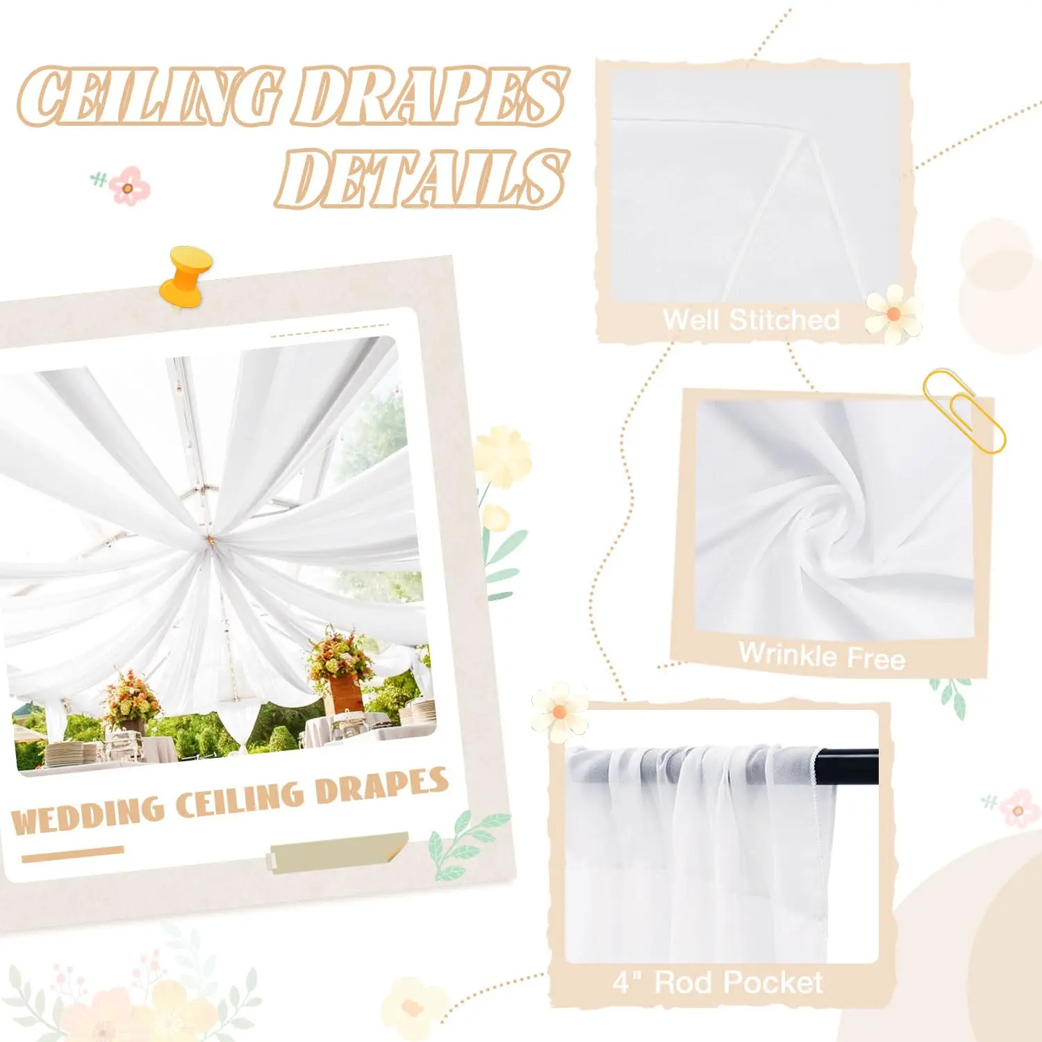 White Ceiling Drapes for Weddings Wedding Arch Draping Fabric Chiffon Curtain for Party Stage Wedding Decoration,1 Panel
