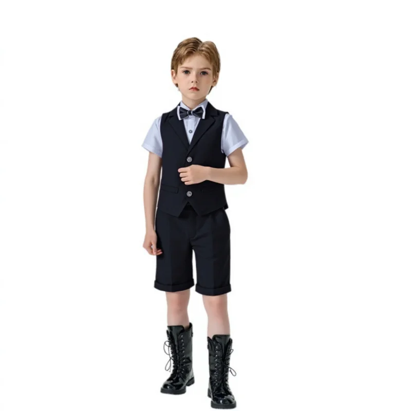 Russia Boys Summer 3Pieces Vest Shorts Bowtie Ceremony Costume Kids Wedding Birthday Dress Children Graduation Photography Suit
