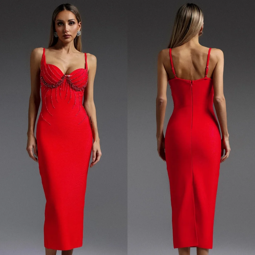 

Customized Modern Style Elegant Jersey Beading Pleat Straight Spaghetti strap Tea Length Dresses Bespoke Occasion Dresses Sexy