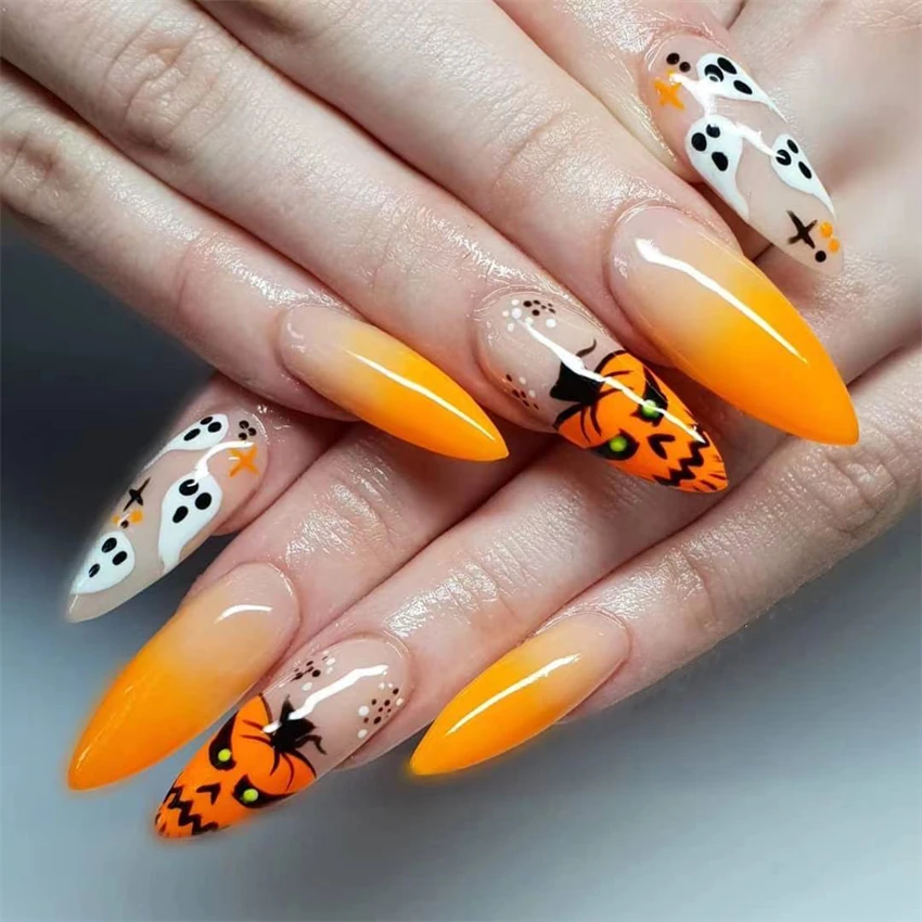 24 pz/set Halloween Press on Nails Set Nero French Nail Copertura Completa Bara Acrilico Unghie Finte Breve Stampa su Punte False Del Chiodo