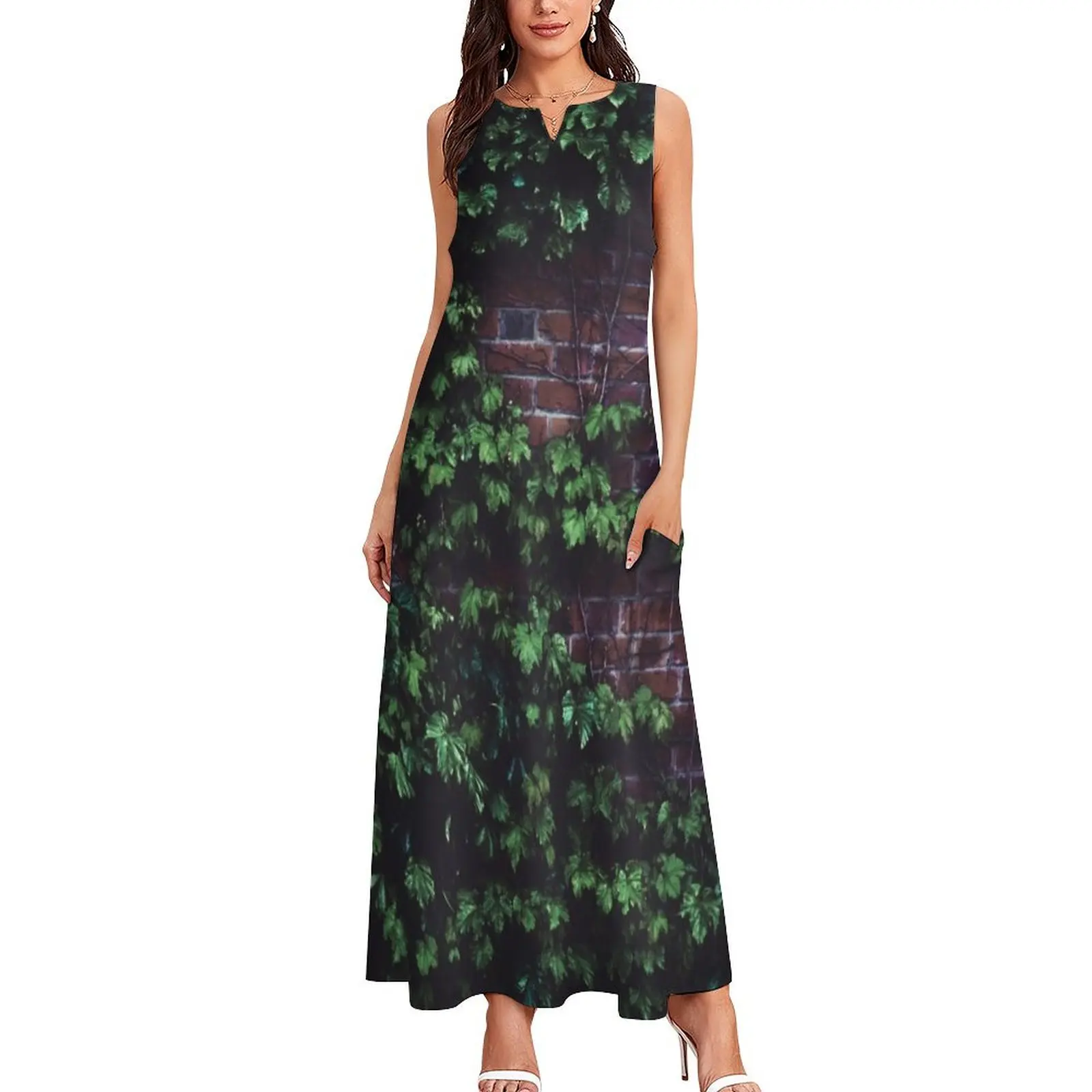 Texture Brick wall red bricks with climbing green vines and wild plants vintage style urban pattern Long Dress Women