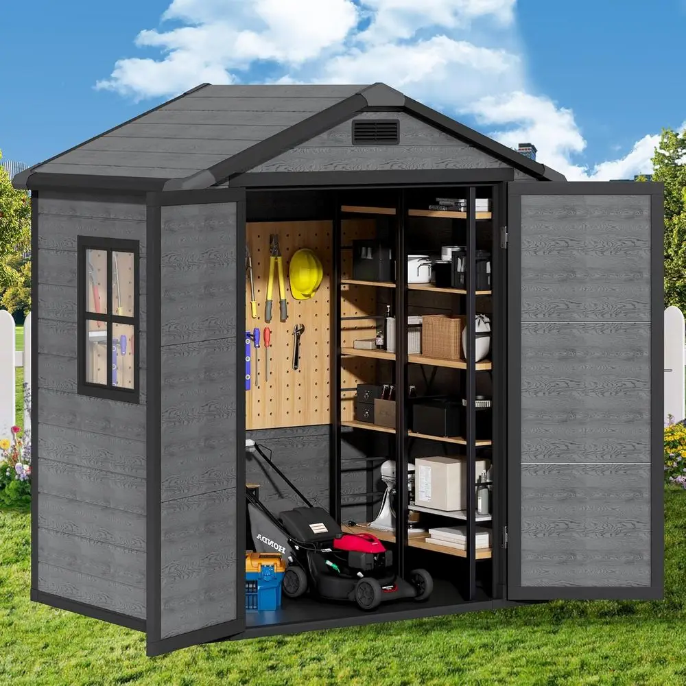 Outdoor Storage Shed 6x4.4ft, Weather-Resistant Plastic, Lockable Door, Windows, Waterproof for Garden Tools